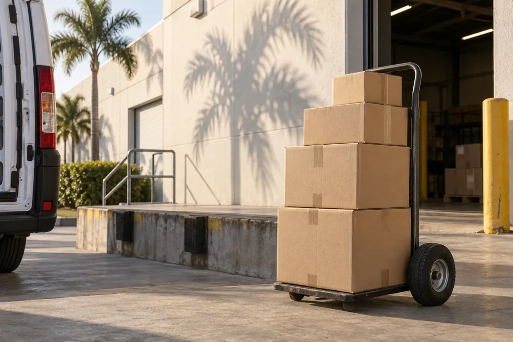 Cardboard cartons stacked on a hand truck at a warehouse loading dock, with a delivery van and palm trees