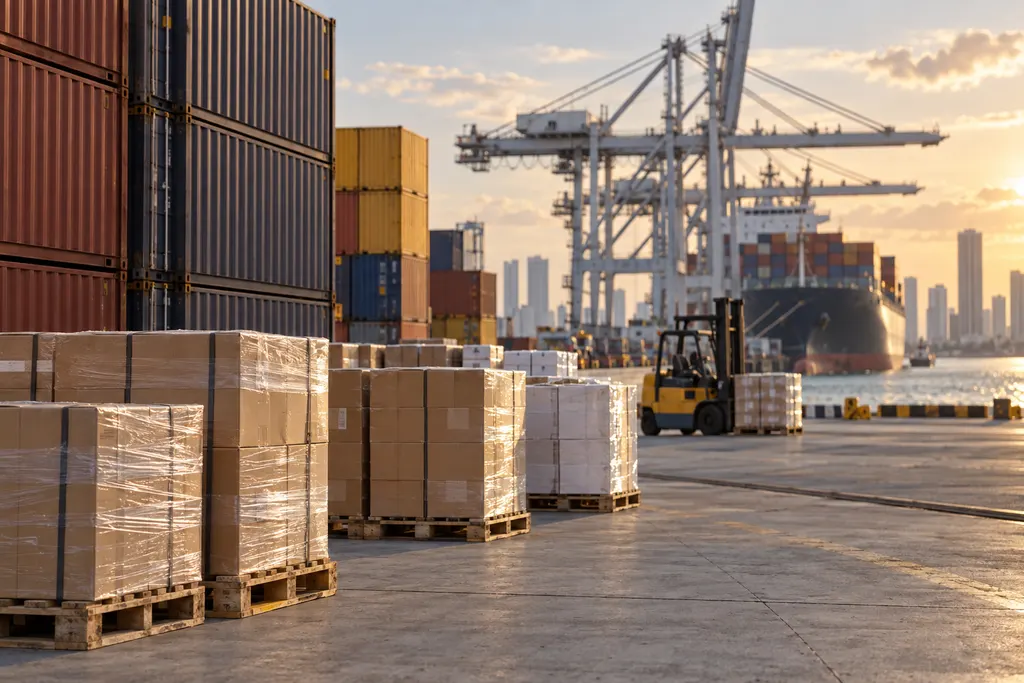 Pallets of cartons at a port terminal with shipping containers, cranes and a cargo ship