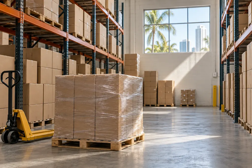 Warehouse aisle with shelving full of cardboard boxes and a shrink-wrapped pallet