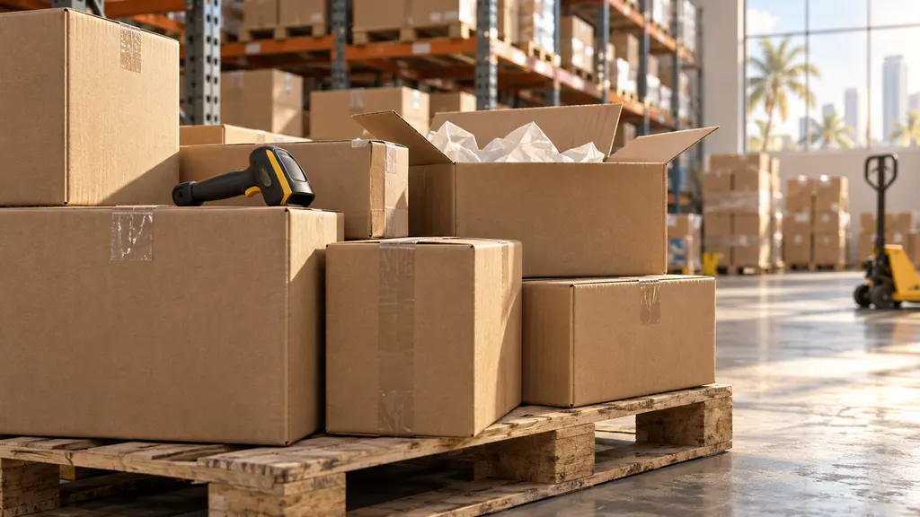 Sealed and open cardboard cartons on a wooden pallet with a barcode scanner, in a sunlit warehouse